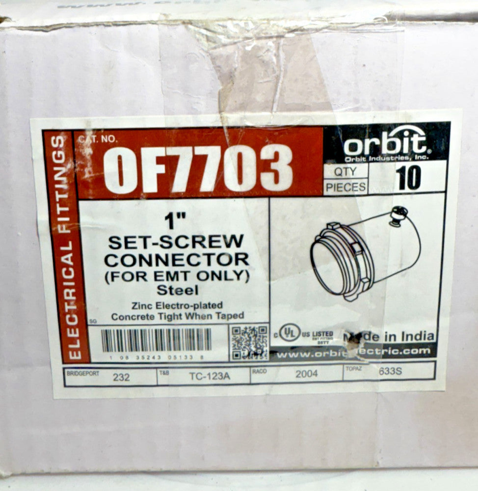 (Box of 10) Orbit OF7703 1" Set Screw Connector for EMT Steel Concrete Tight
