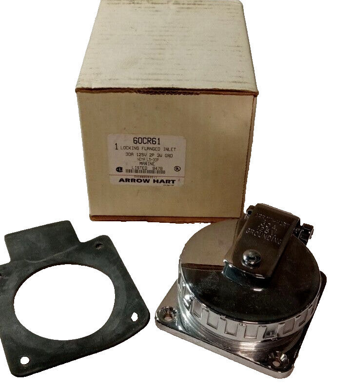 NEW ARROW HART 60CR61 FLANGED LOCKING MARINE INLET 30 AMP 125V 2-POLE 3-WIRE