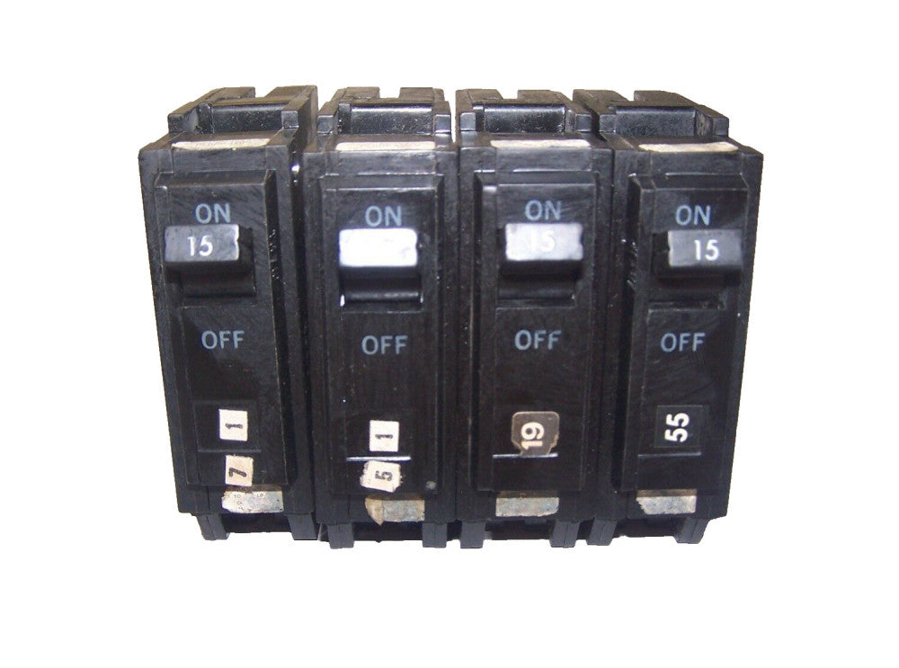 4) GE 15 AMP CIRCUIT BREAKERS 240 VAC 1 POLE THQL115 LOT OF 4