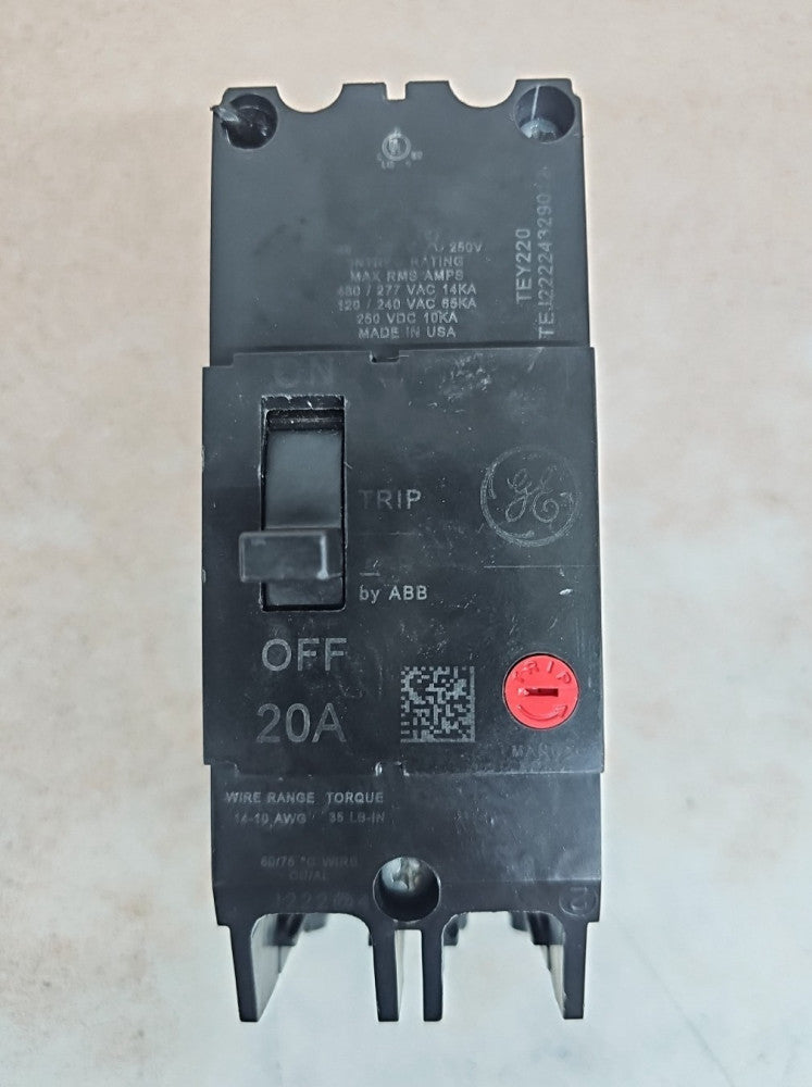 GE TEY220 Circuit Breaker, 20A, 2P, 120/240 VAC NT QR CODE NOS