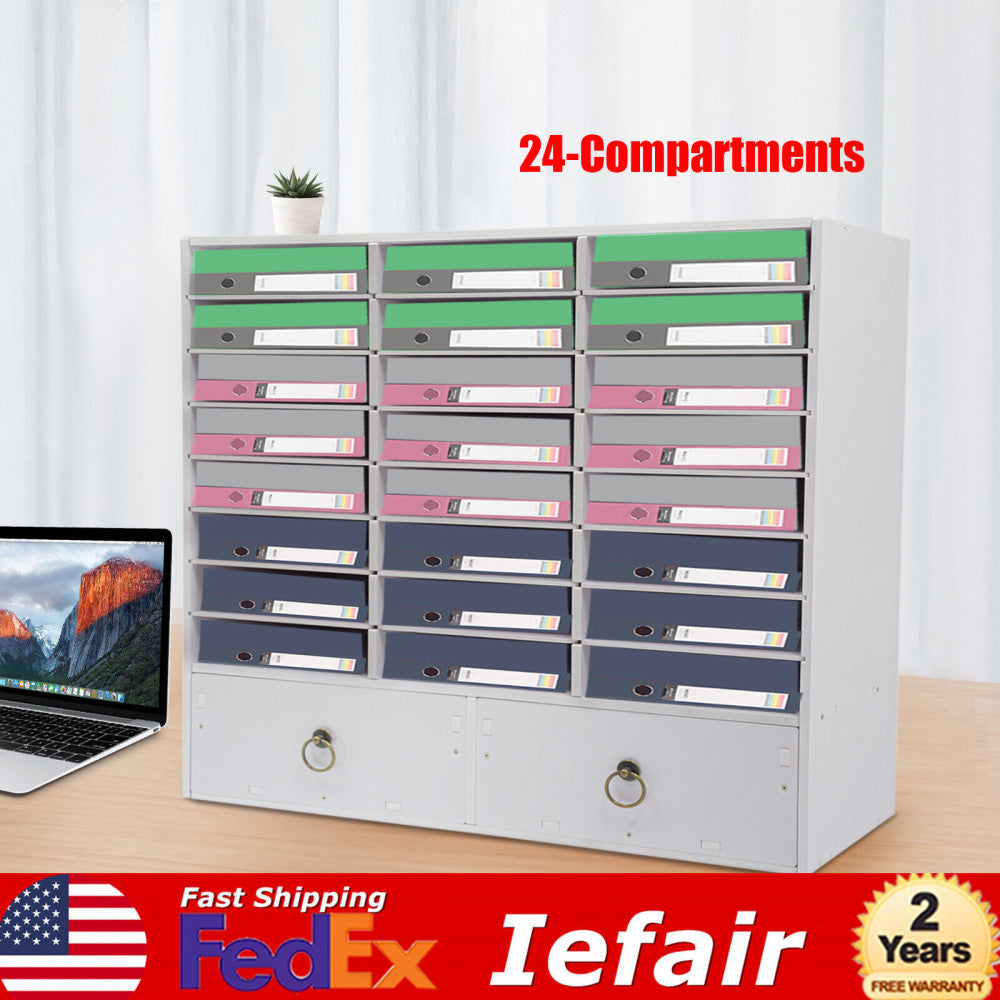 24 Compartments Paper Mail Desk Organizer Sorter Cabinet with 2 Storage Drawer