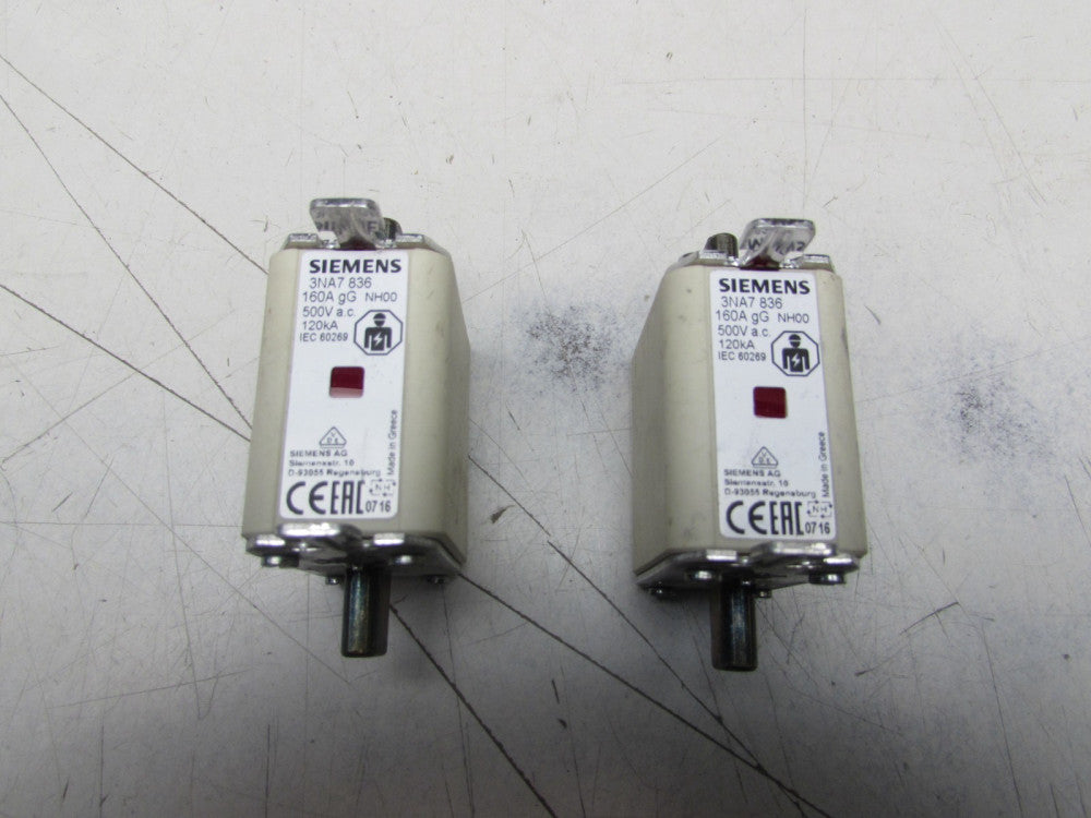LOT OF 2QTY SIEMENS FUSE 3NA7836 160A 5000VAC NH00 120kA NEW SURPLUS NO BOX !