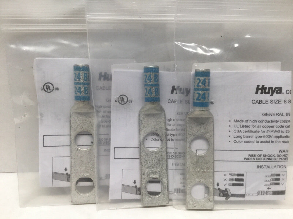 HUYA 24C8E9 6 AWG Two-Hole Lug Compression Connector, Straight Barrel, Blue 3 PK