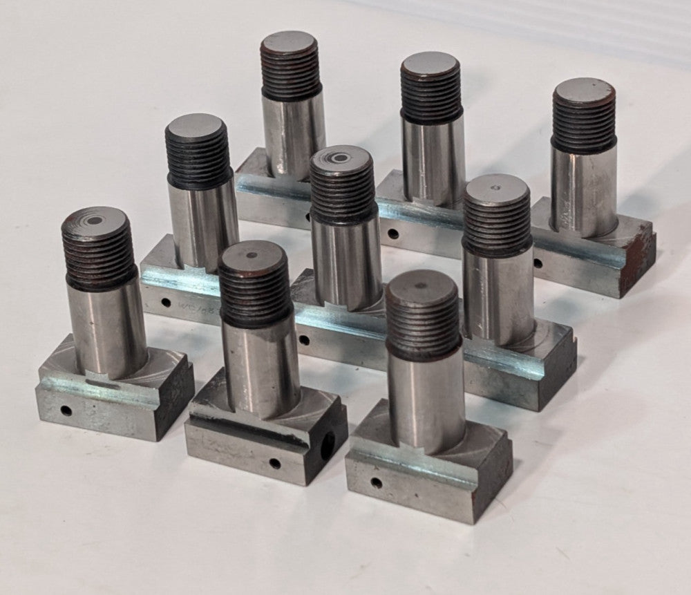 Lot of 9: Threaded metal T-shape adapters labeled C2408 WC1083A rectangular base