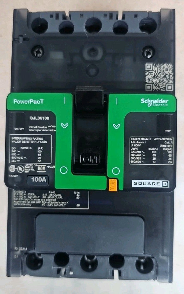 BJL36100 - Square D Feed-Thru 600V 100A 3 pole circuit breaker 65kA@480V NTO