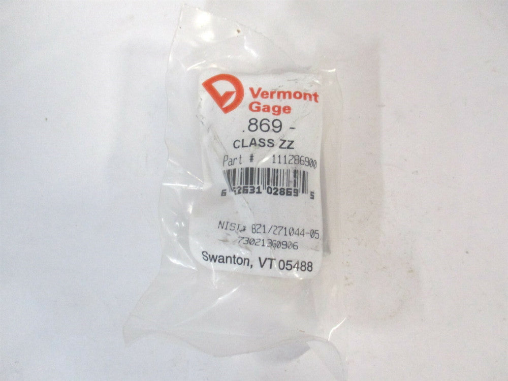 Vermont Gage (111286900) 0.869" Diam Class ZZ Minus Plug & Pin Gage