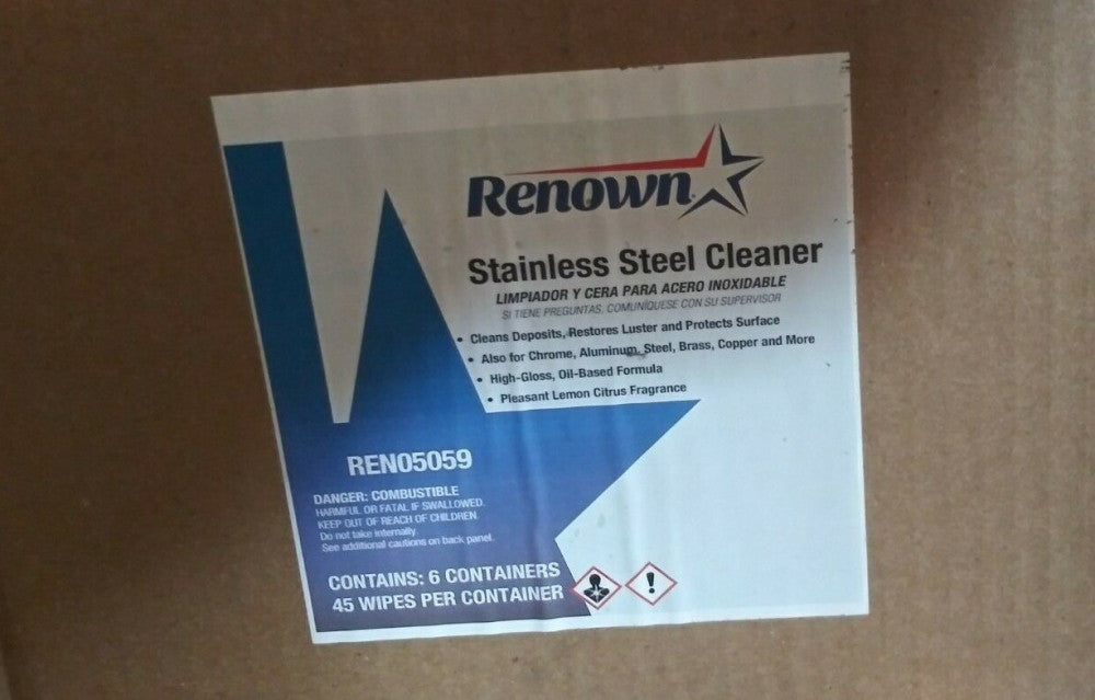 (1 CASE OF 6 CONTAINERS) Renown Pre-Moistened Stainless Steel Cleaning Wipes