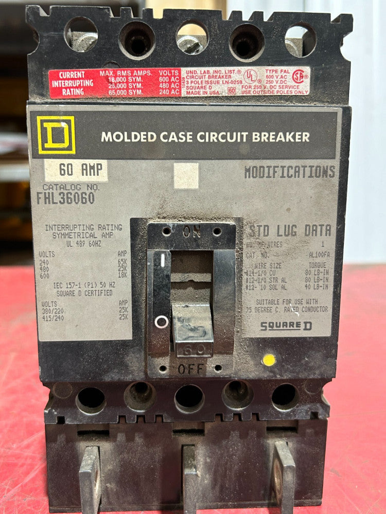 USED SQUARE D CIRCUIT BREAKER 3 POLE 60AMP FHL36060
