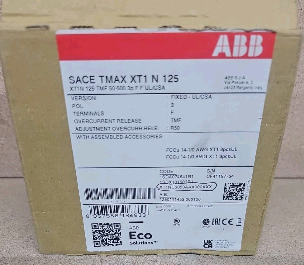 NEW ABB XT1NU3050AAA000XXX SACE TMAX CIRCUIT BREAKER 3P 50 A 600V