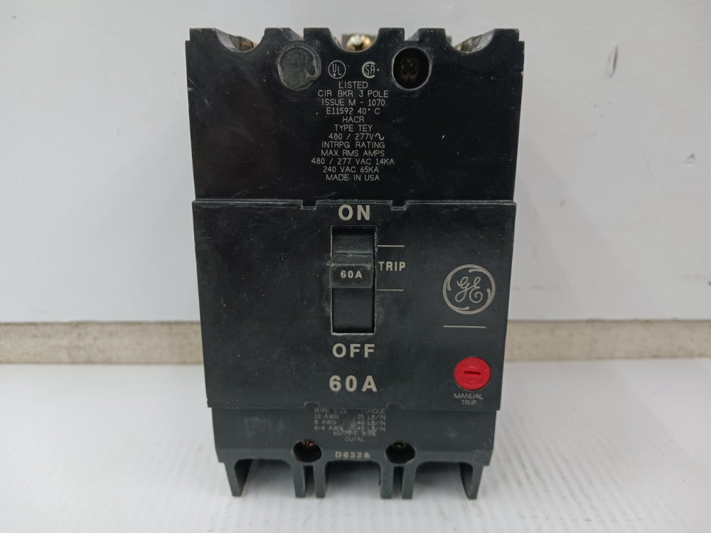 GE 60 AMP BOLT-ON CIRCUIT BREAKER 3 POLE 480Y/277 VAC 14kA TEY360