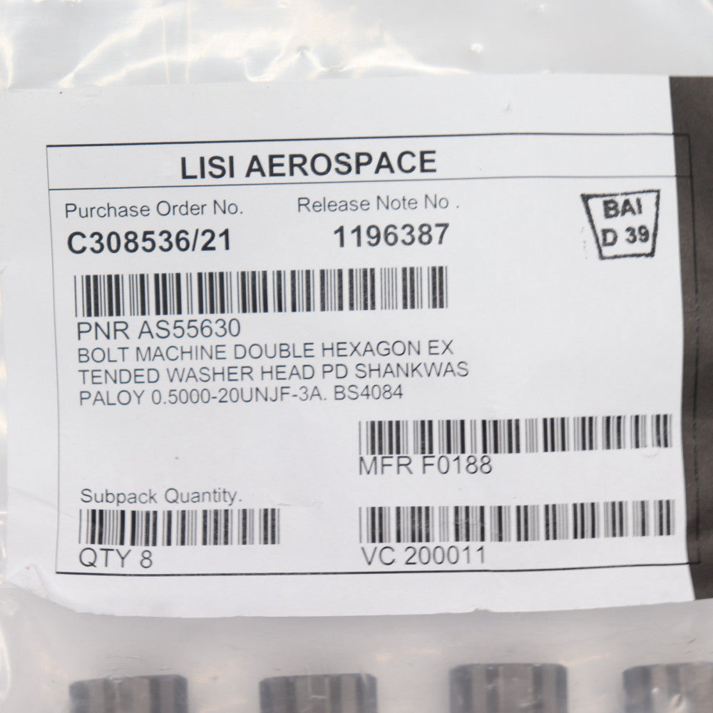 (8-Pk) Lisi Aerospace Double Hex Extended Washer Head Machine Bolt AS55630