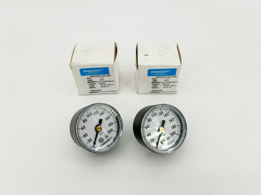 Lot of 2 New Ashcroft 15W1005PH 01B 200# Pressure Gauges, 0/200psi, 1/8" NPT