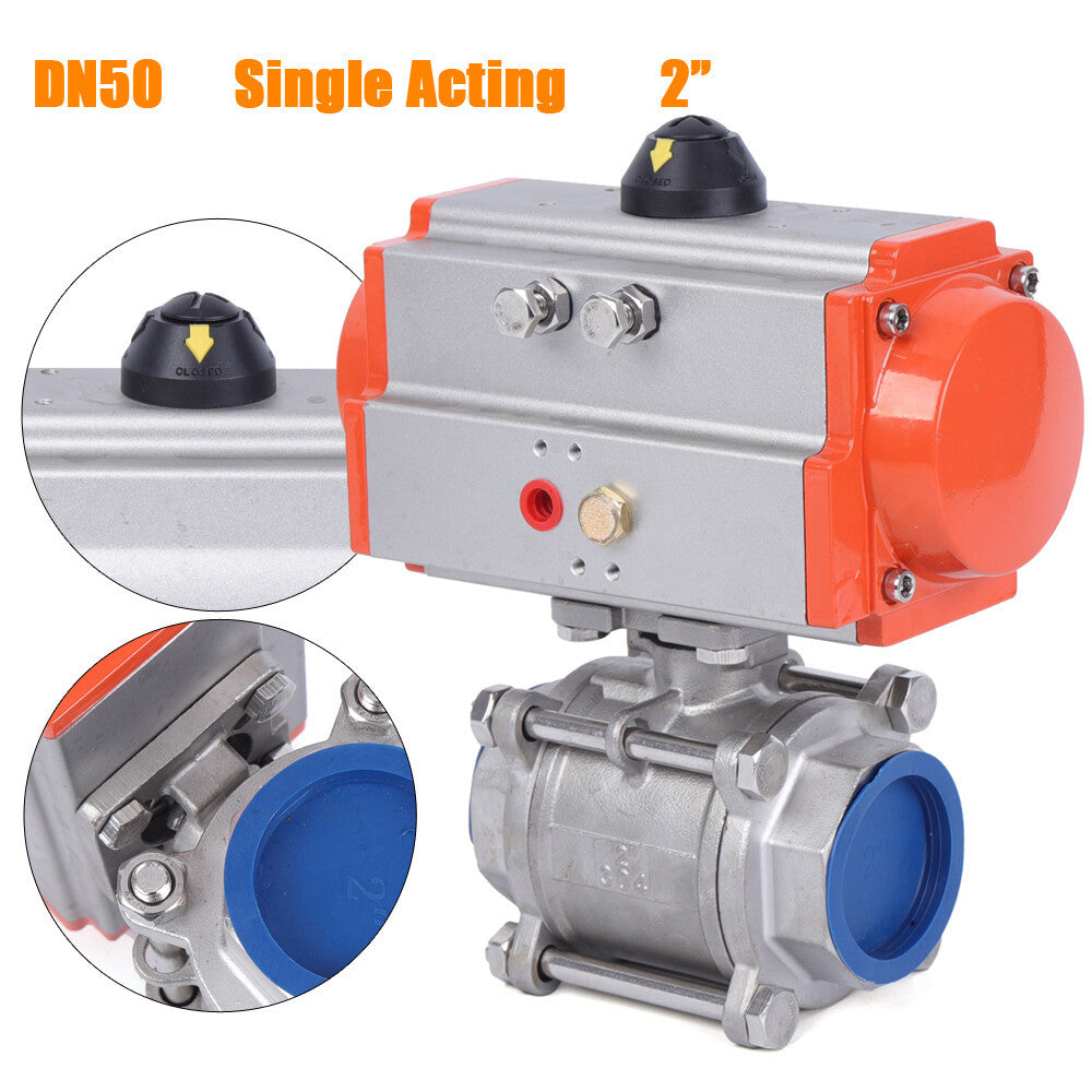 2" Pneumatic Ball Valve 3-Piece Single-acting Stainless Steel Air Actuated Valve