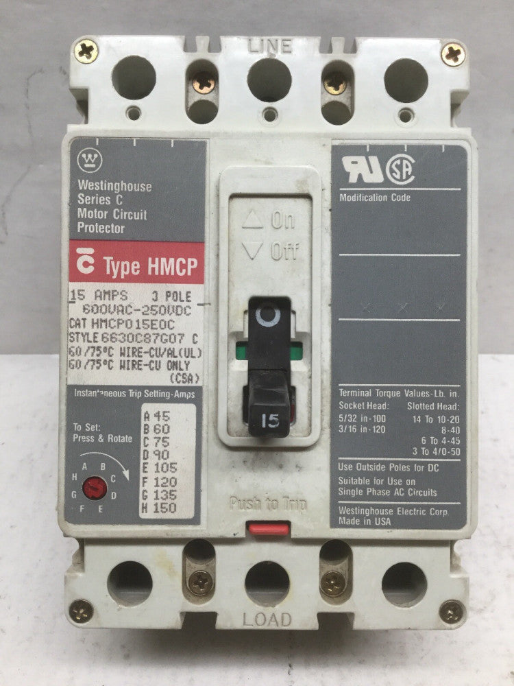 Westinghouse HMCP015EOC Series C 15 AMP Motor Circuit Protector 3 Pole 600VAC WT