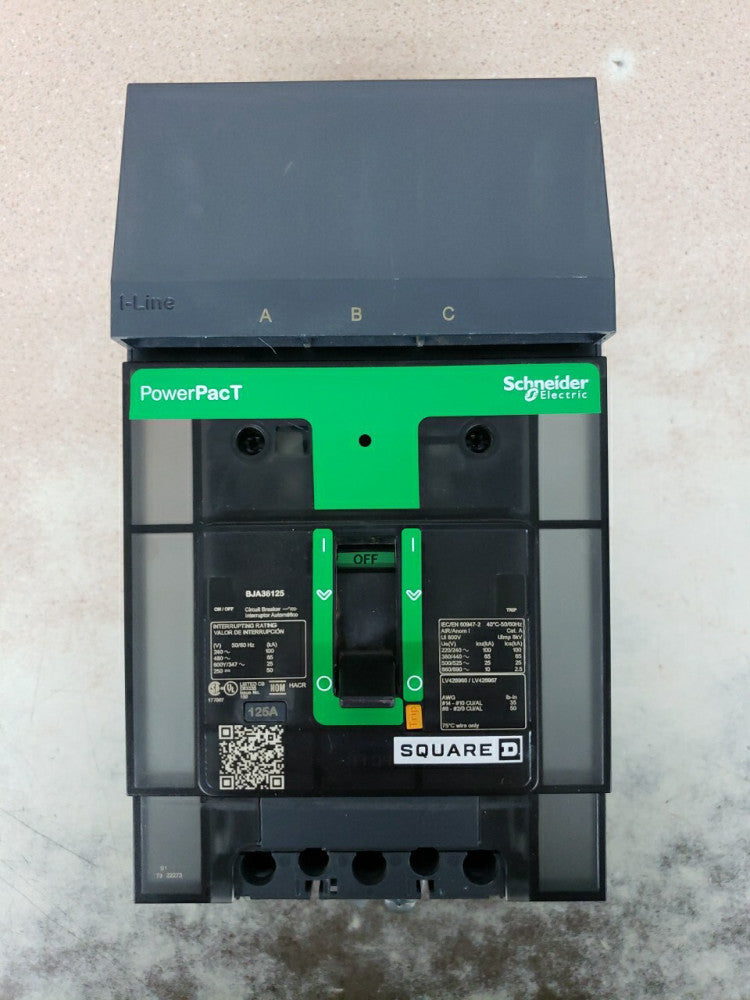 New take out Square D BJA36125 3 Pole 125 Amp 600 Vac PowerPact I-Line Breaker