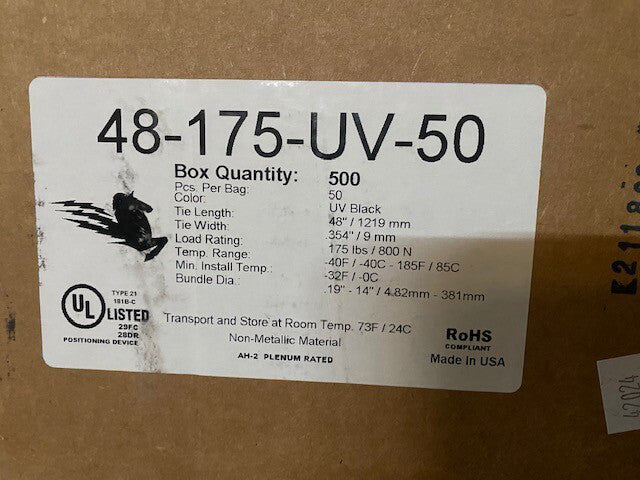 (Case of 500) 48" 175lb UV Black Cable Ties # 48-175-UV