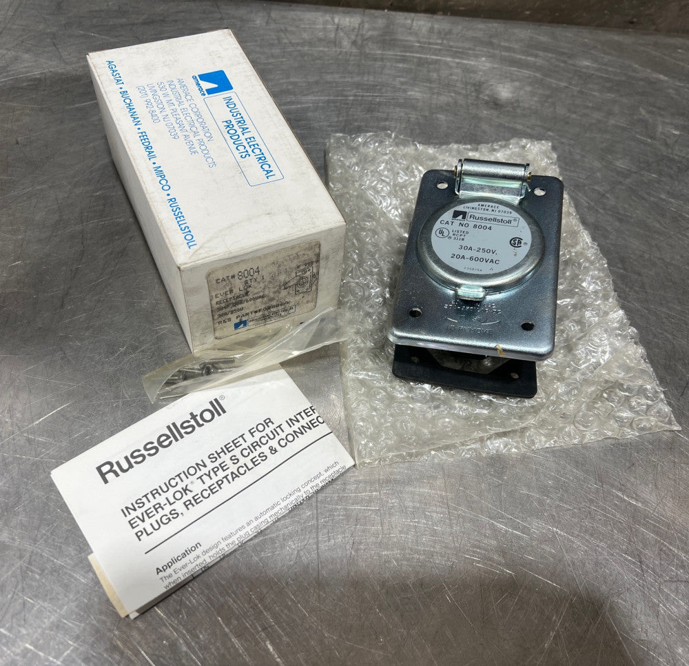 RUSSELLSTOLL CAT# 8004 RECEPTACLE EVER LOK, 3W4P 20A/600VAC 30A/250V P/N F028864