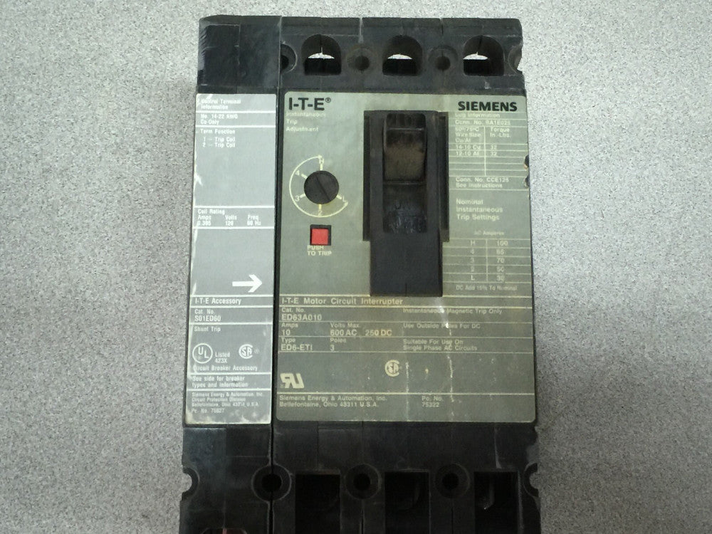 USED SIEMENS 10AMP 3POLE 600VAC 250VDC BREAKER WITH SHUNT TRIP ED63A010 / S01ED