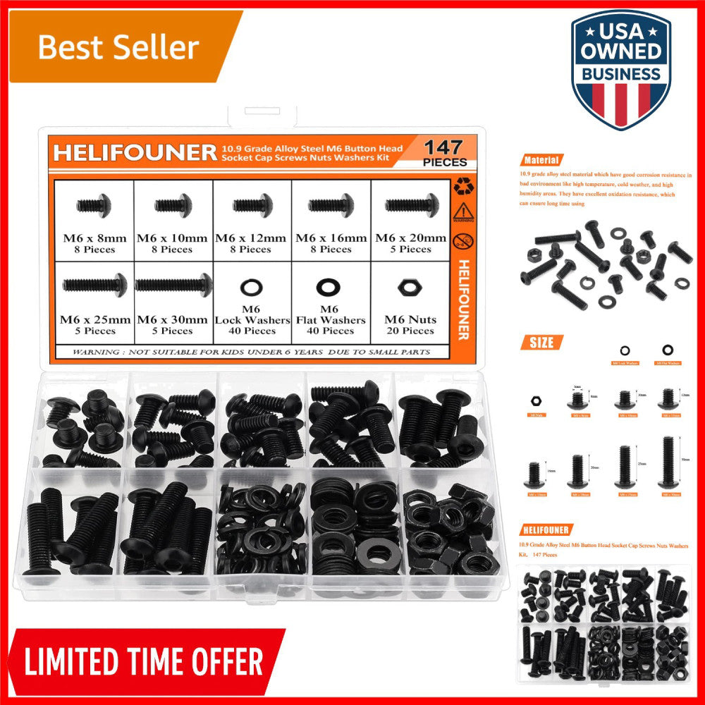 147Pcs M6 Alloy Steel Button Head Socket Cap Screws Nuts Washers Kit
