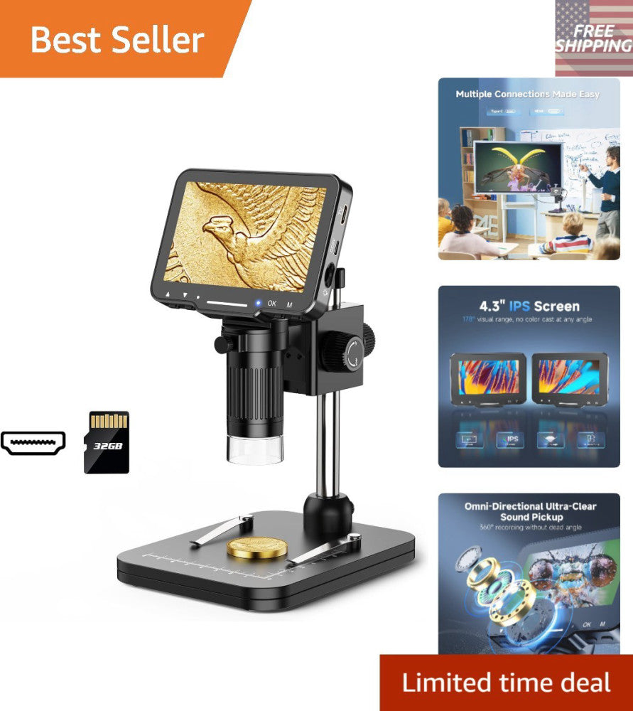 Versatile 4.3'' Coin Microscope - 1000X Zoom HD with 32GB Card & IPS Technology