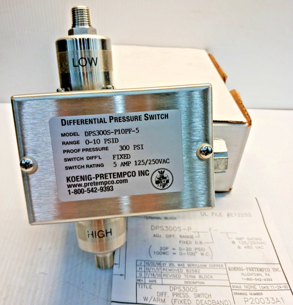 New Koening-PreTempco DPS300S-P10PF-5 Differential Pressure Switch 300 Psi