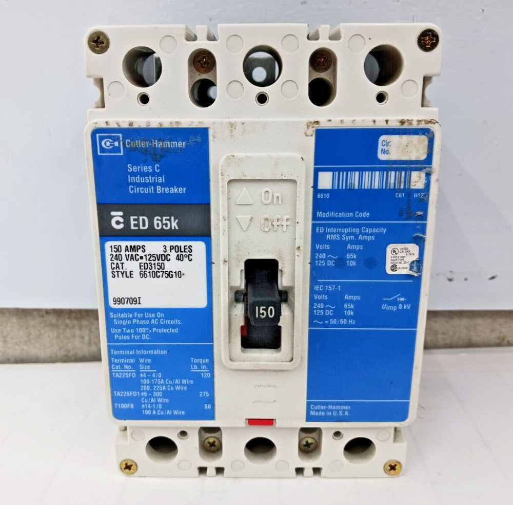 CUTLER HAMMER 150 AMP CIRCUIT BREAKER 3 POLE 240 VAC ED3150
