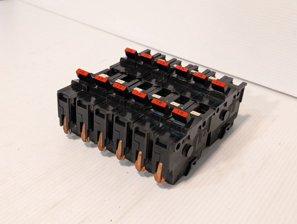 Lot of 6 Federal Pacific NA115 circuit breakers, 15A, 120/240VAC as pictured