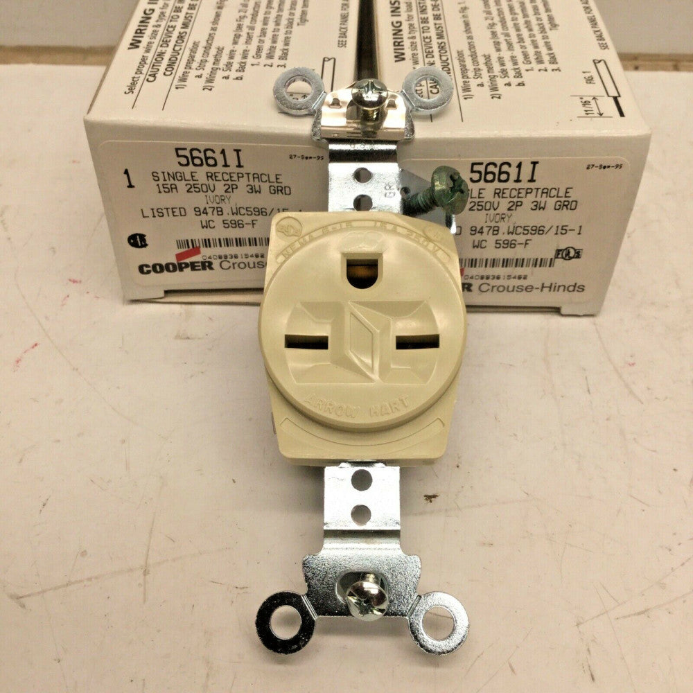 COOPER ARROW HART 5661I Single Receptacle 15A 250V 2P 3W GRD IVORY (LOT of 2)