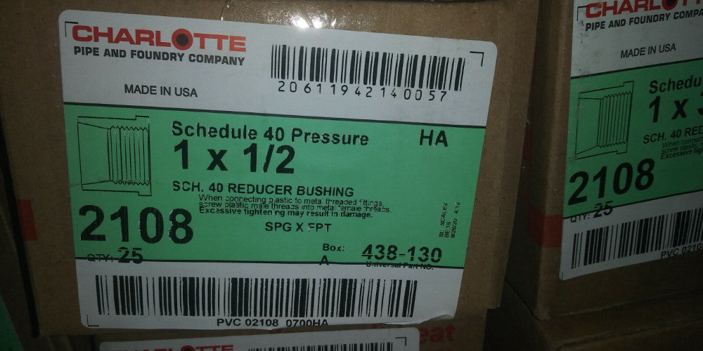 CHARLOTTE SCHEDULE 40 PRESSURE 1x1/2" REDUCER BUSHING 2108, 438-130 (25 PC LOT)