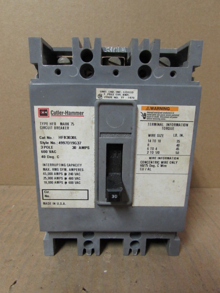 WESTINGHOUSE MARK 75, 30AMP, CIRCUIT BREAKER HFB3030L 3 POLE, XLNT TAKEOUT, M/O!