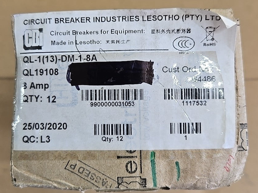 1) CBI Box of 12 QL19108 1 POLE 8 AMP Circuit Breaker