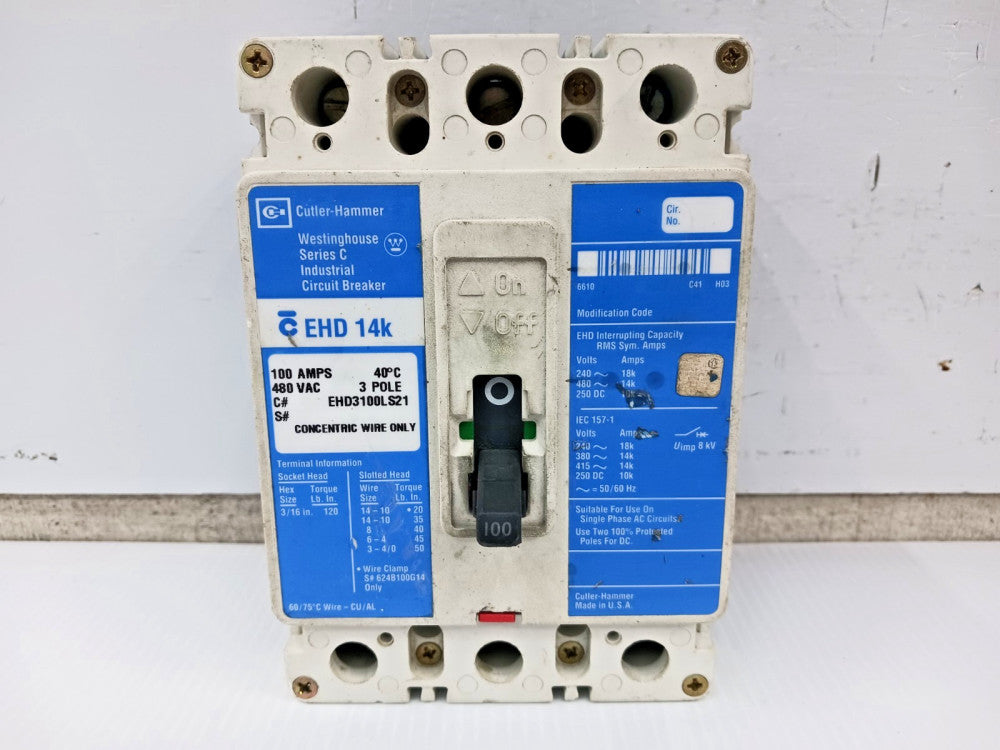 Cutler Hammer 100 Amp Circuit Breaker 3 Pole 480 VAC / 250 VDC 14kA EHD3100LS21