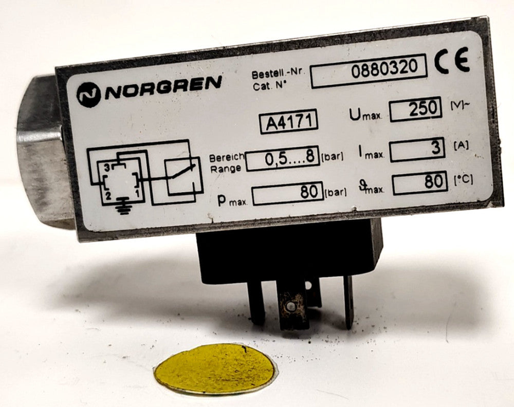 NORGREN PNEUMATIC PRESSURE SWITCH 3A 80 BAR UMAX 250 0880320
