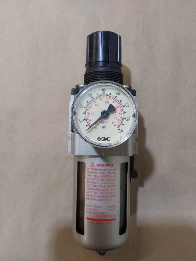 SMC AW40-N04-RZ PNEUMATIC AIR PRESSURE FILTER With SMC 0-160 PSI PRESSURE GAUGE