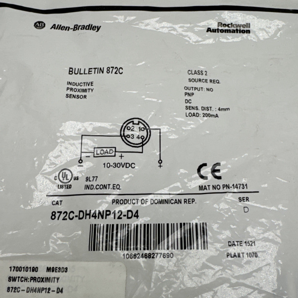 Allen Bradley 872C-DH4NO12-D4 10-30VDC SER D Inductive Proximity Switch