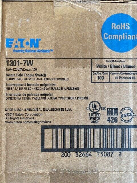 (100 PACK) Eaton 15-amp Single-pole Toggle Light Switch, White 1301-7W (NEW)