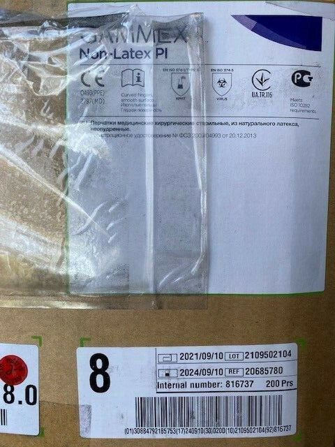 (Case of 200 Pair) 20685780 Ansell Surgical Gloves, Size 8, White, EXP 09/2024
