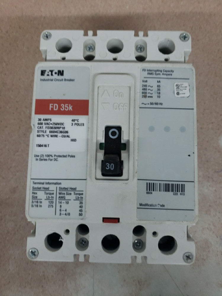 1) New Take Out! Eaton FD3030BP10 30A 3P 600V 35k Bolt On Circuit Breaker