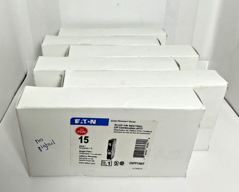 6pc Eaton Type 15 Amp Single Pole AFCI CHFP115AF Circuit Breaker no Pigtail