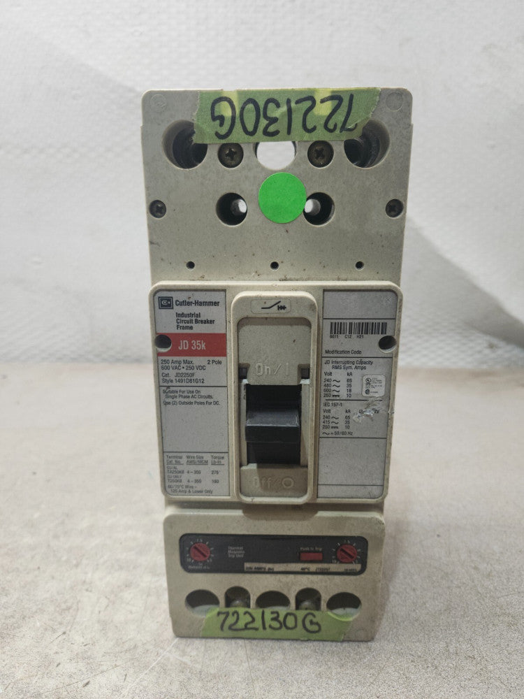 USED CUTLER HAMMER CIRUIT BREAKER 600VAC 250VDC 2 POLE JD2250F
