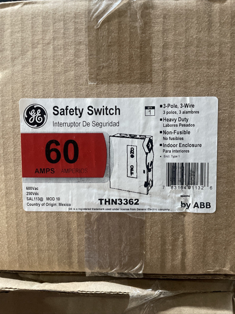 1 NEW GE THN3362 60 Amp, 600 Volt, 3P3W, NEMA N1, Disconnect