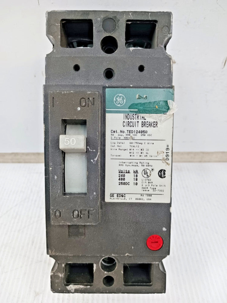 GE 50 Amp Industrial Circuit Breaker 2 Pole 480 VAC / 250 VDC TED124050 *Flaw*
