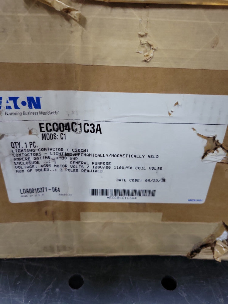 NEW! EATON ECC04C1C3A 3P 30A 460V NEMA 1 LIGHTING CONTACTOR 110V COIL