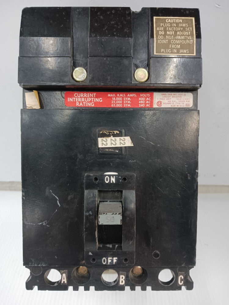 SQUARE D 50 AMP I-LINE CIRCUIT BREAKER 3 POLE 600 VAC FH-36050