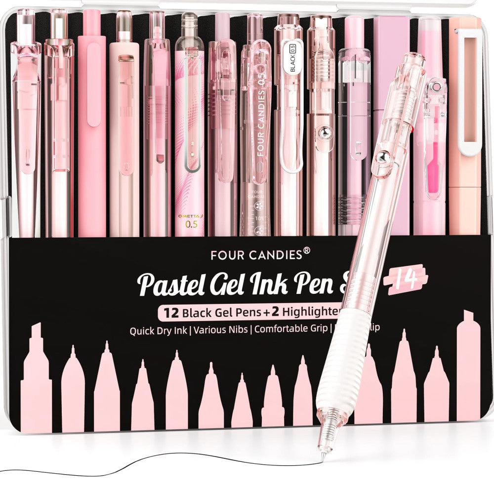 14Pack Pastel Gel Ink Pen Set,Cute Retractable 0.5mm Fine Point Pen,Note Pink