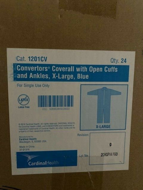 (Case of 24) Cardinal Health 1201CV, Coverall, Open Cuffs And Ankle X-Large