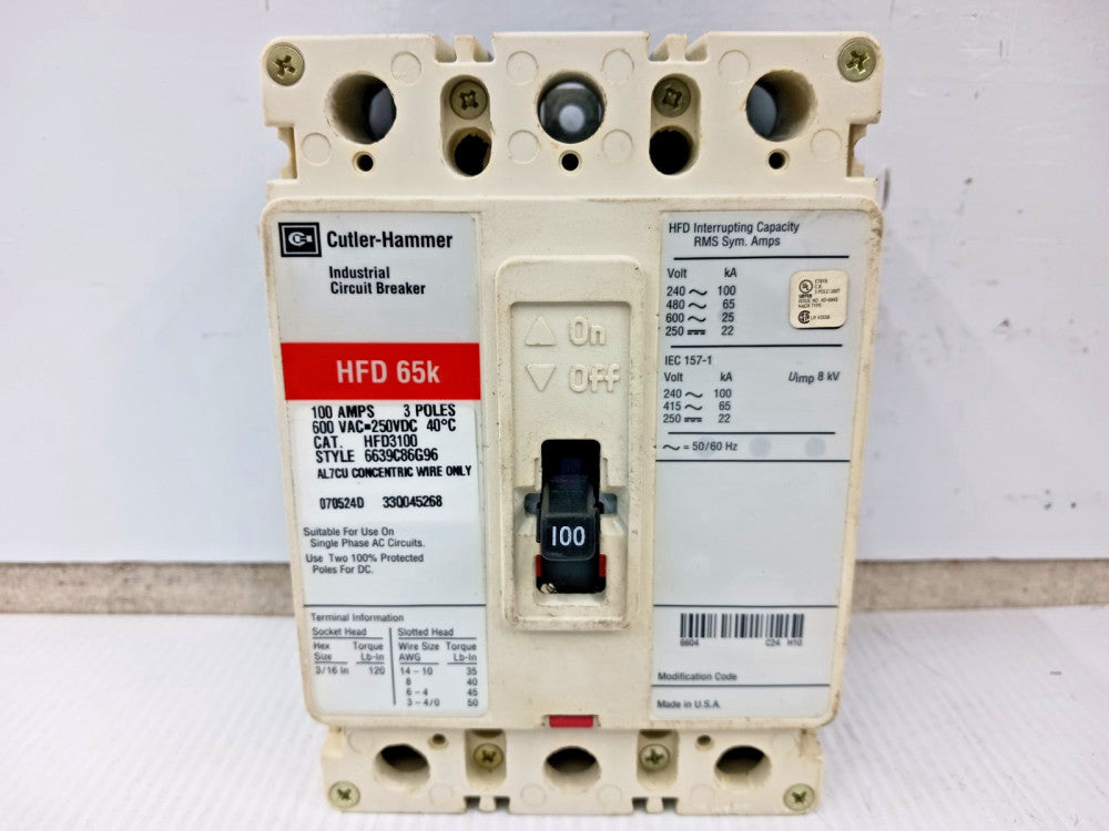 Cutler Hammer 100 Amp Circuit Breaker 3 Pole 600 VAC / 250 VDC 65kA HFD3100 *Red