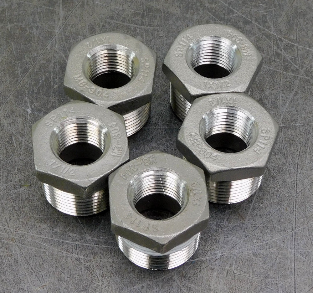 Lot of Five (5) 304 Stainless Steel Reducing Hex Bushing 1" x 1/2" SP114