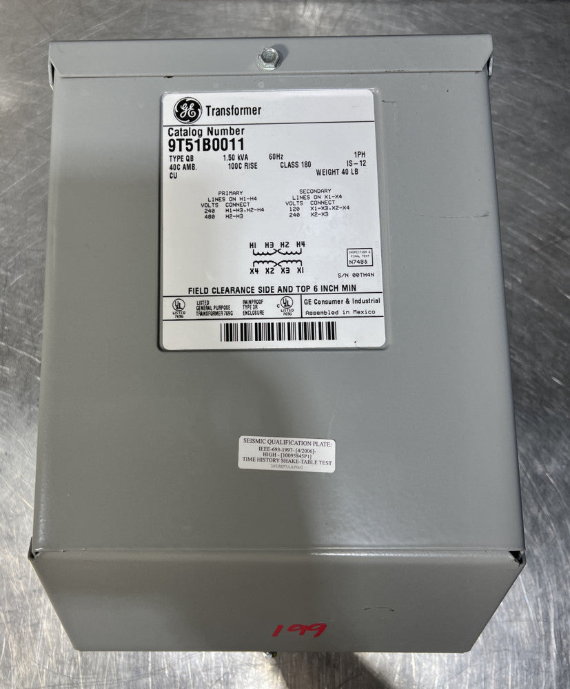 NOS GENERAL ELECTRIC 1.5 KVA TRANSFORMER HV 480 LV 240 1 PH 3R CAT#9T51B0011