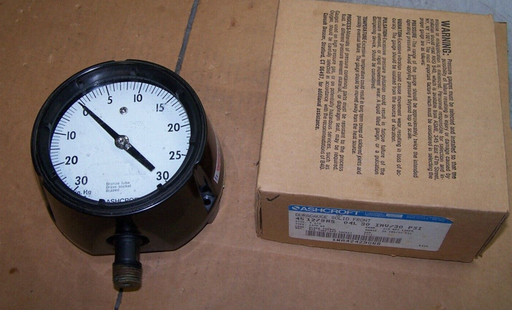 ASHCROFT DURAGAUGE PRESSURE GAUGE DIAL 30 IMV/30 PSI 451279AS04L30IMV/30 PSI